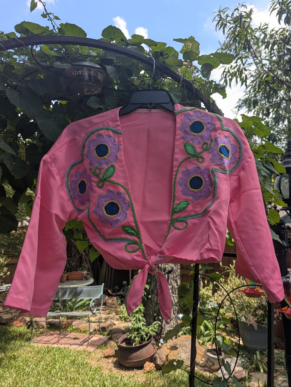 Pink Floral Embroidered Tie-Front Top